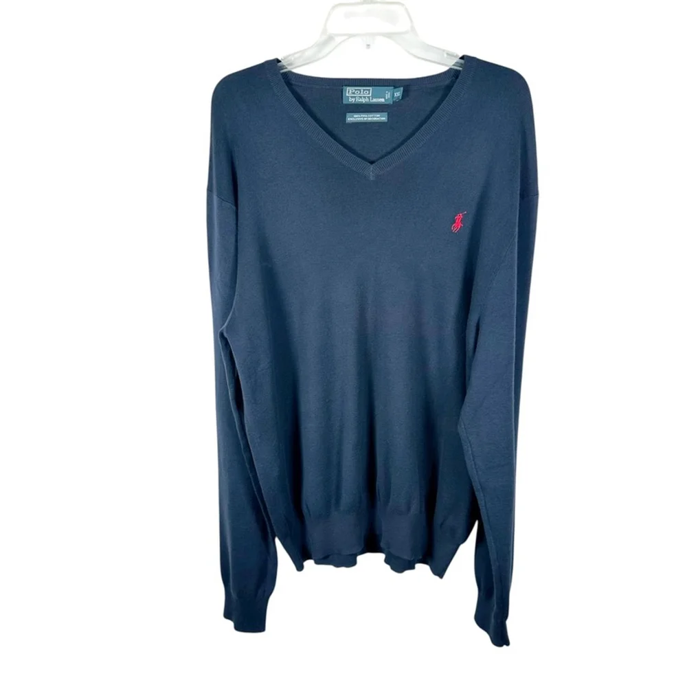 Vintage Polo Ralph Lauren Navy Sweater Pima Cotton Red Polo Pony Mens Size XXL